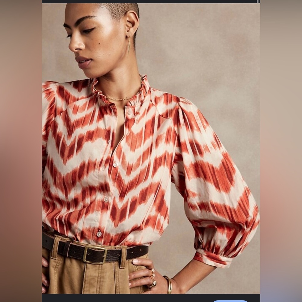 Banana Republic Spring Boho Red Tan Ruffle Collar VOLUME-SLEEVE BLOUSE Cotton Sm